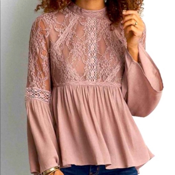 AEO Dusty Rose High Neck Lace Tunic M - Picture 1 of 6